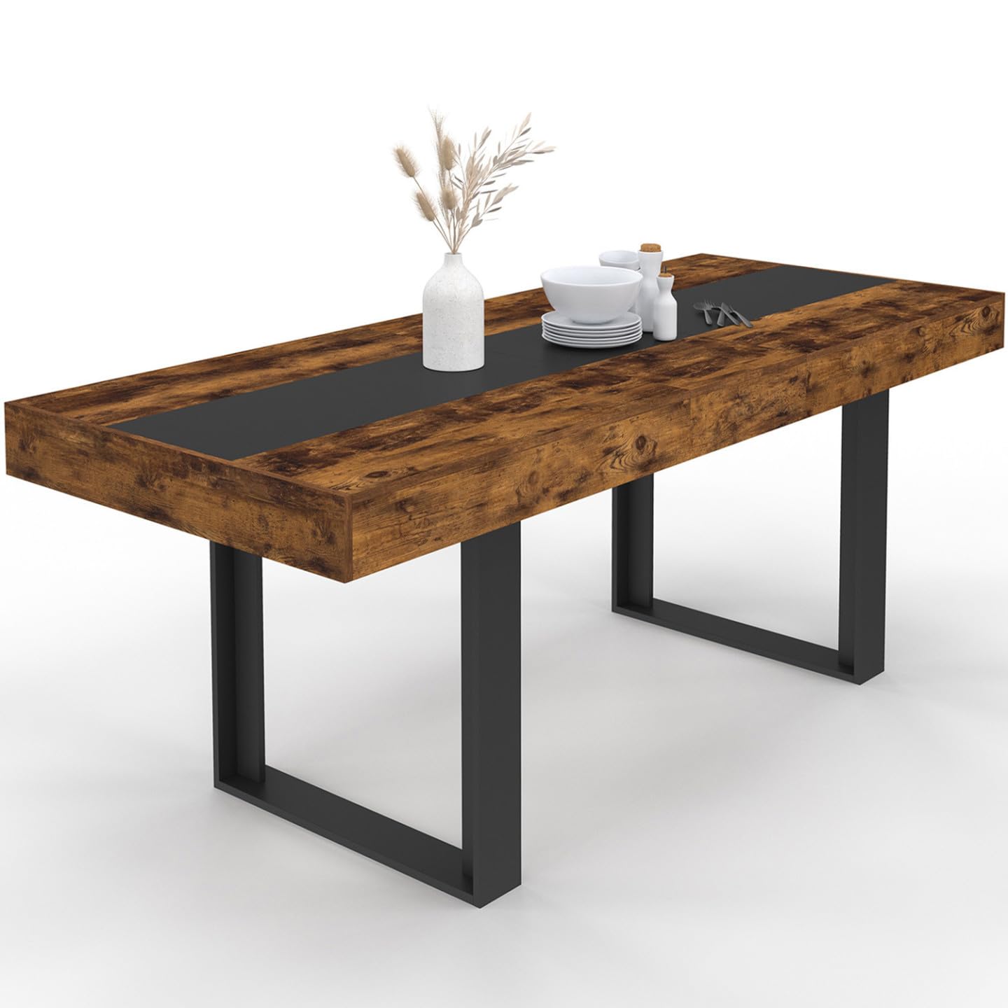 IDMarket - Table à Manger Extensible Rectangle Phoenix 4-​8 Personnes Bois Effet Vieilli et Noir Bande Centrale Noire 160-​200 cm