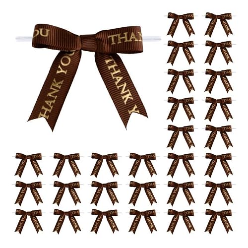 Meseey 30 Pcs Thank You Gold Printed Ribbon Bows 2.5 Inch Twist Tie Crafts Small Bows for Gift Wrapping, Baby Shower,Wedding, Party Favors, Cake Pops,Treat Bags (2.5", Brown)