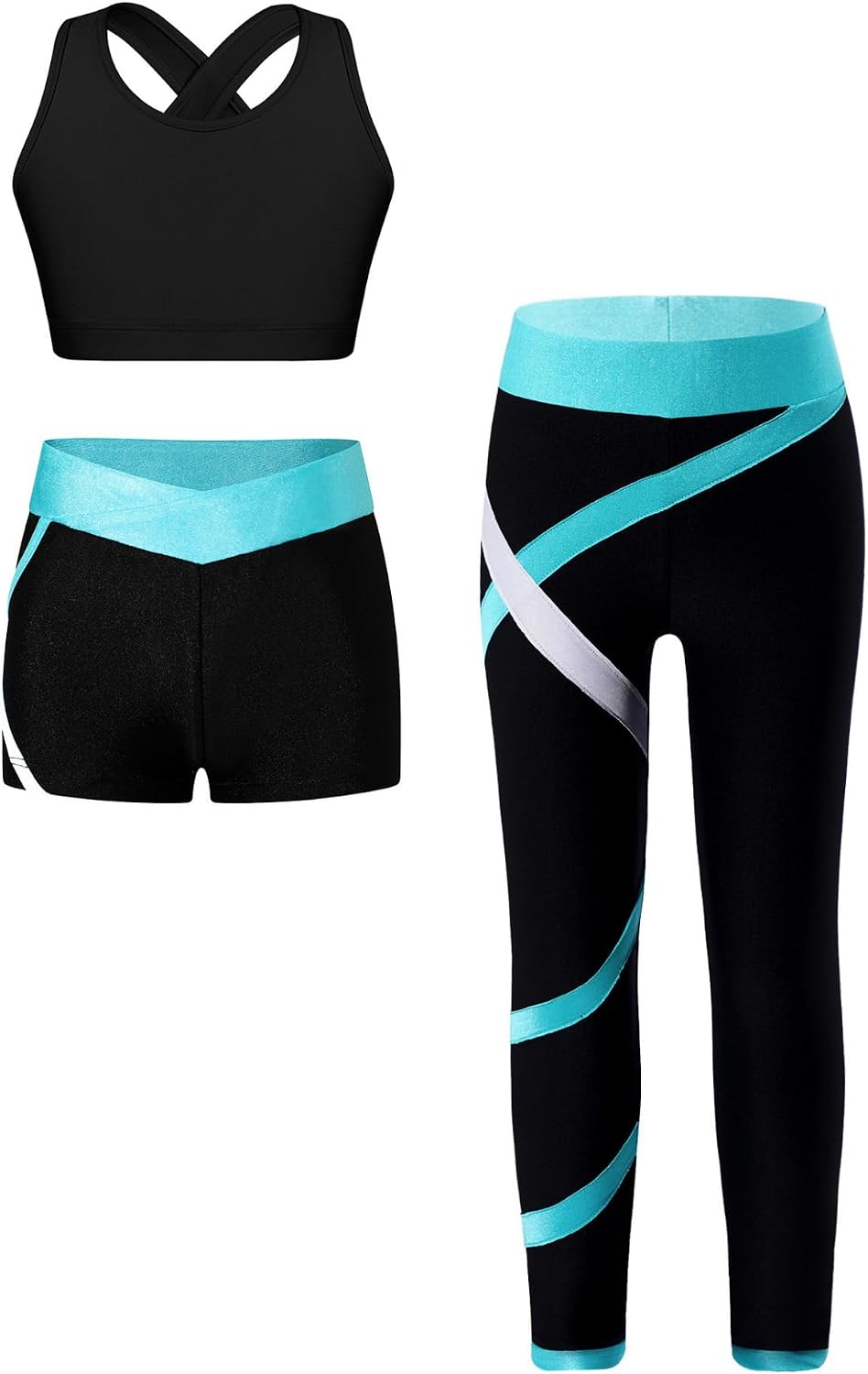 DINORMIN Kids Girls Dance Outfits Crop Top with Shorts and Leggings 3 Piece Dance Outfit Tracksuit