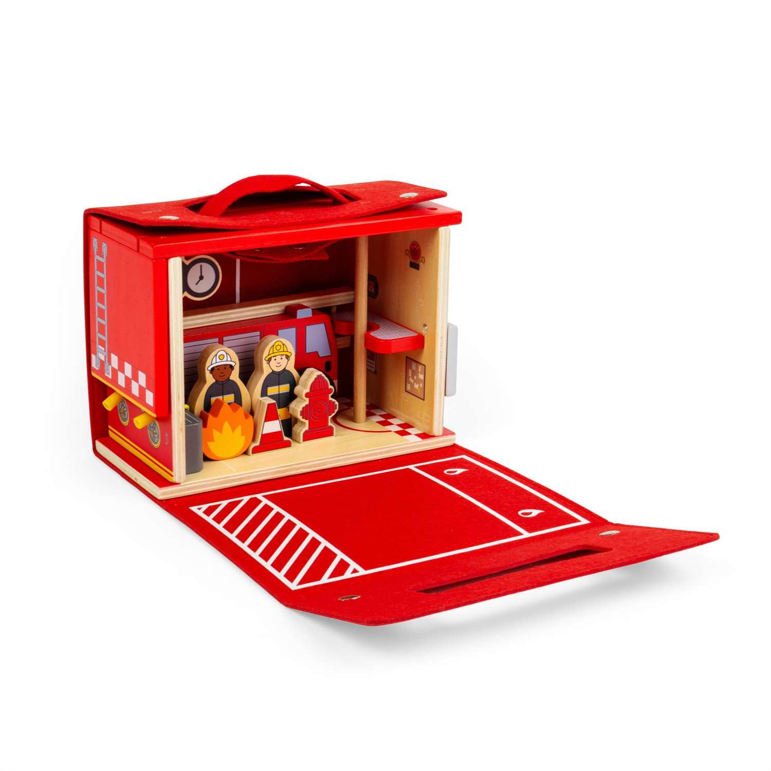 Bigjigs Toys Remiza strażacka w podróży, drewniany zestaw podróżny dla dzieci, filcowa torba do przenoszenia, zestaw do zabawy z drewnianym silnikiem, figurkami strażaków i akcesoriami, prezenty dla