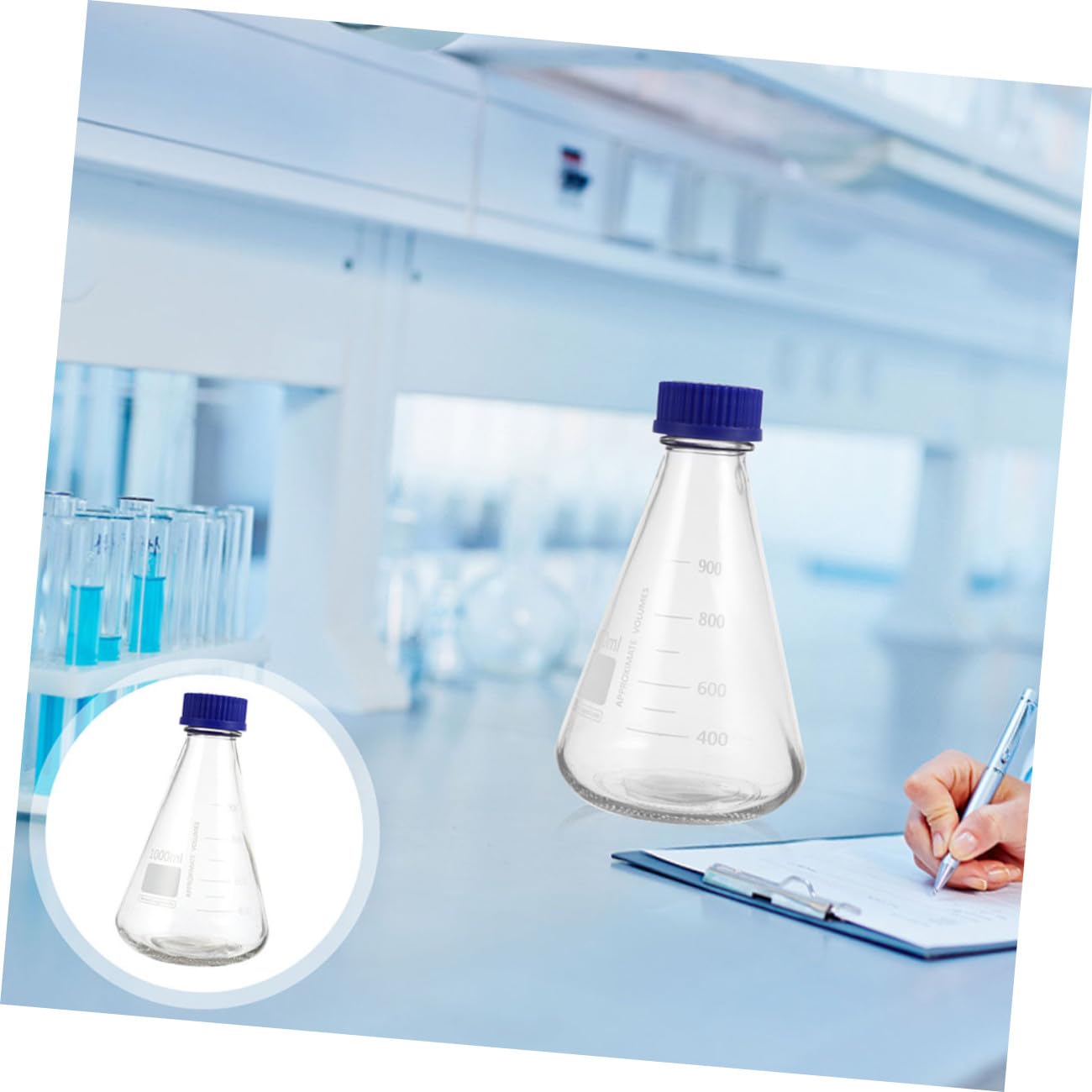 Erlenmeyerkolben Konisch mit Skala 2 Stück aus Glas 1000ml | Blauer Schraubverschluss, Klare Messmarken, für Schule und Forschung, Stabile Standform