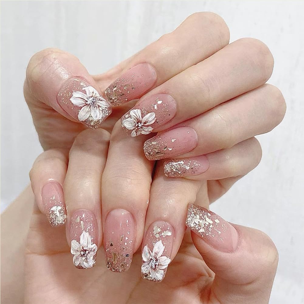 RUPOFUZA Pink Press on Nails Medium Square French Tip Nails Press ons White Flower False Nails with Glitter Powder Design Fake Nails Glossy Stick on