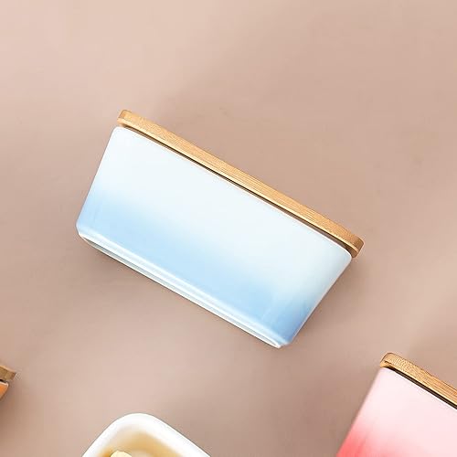 Miniatura 5 de Candiicap - Mantequera de porcelana con tapa de madera, hermético para encimera, soporte grande para mantequilla de la costa este oeste (verde mate)