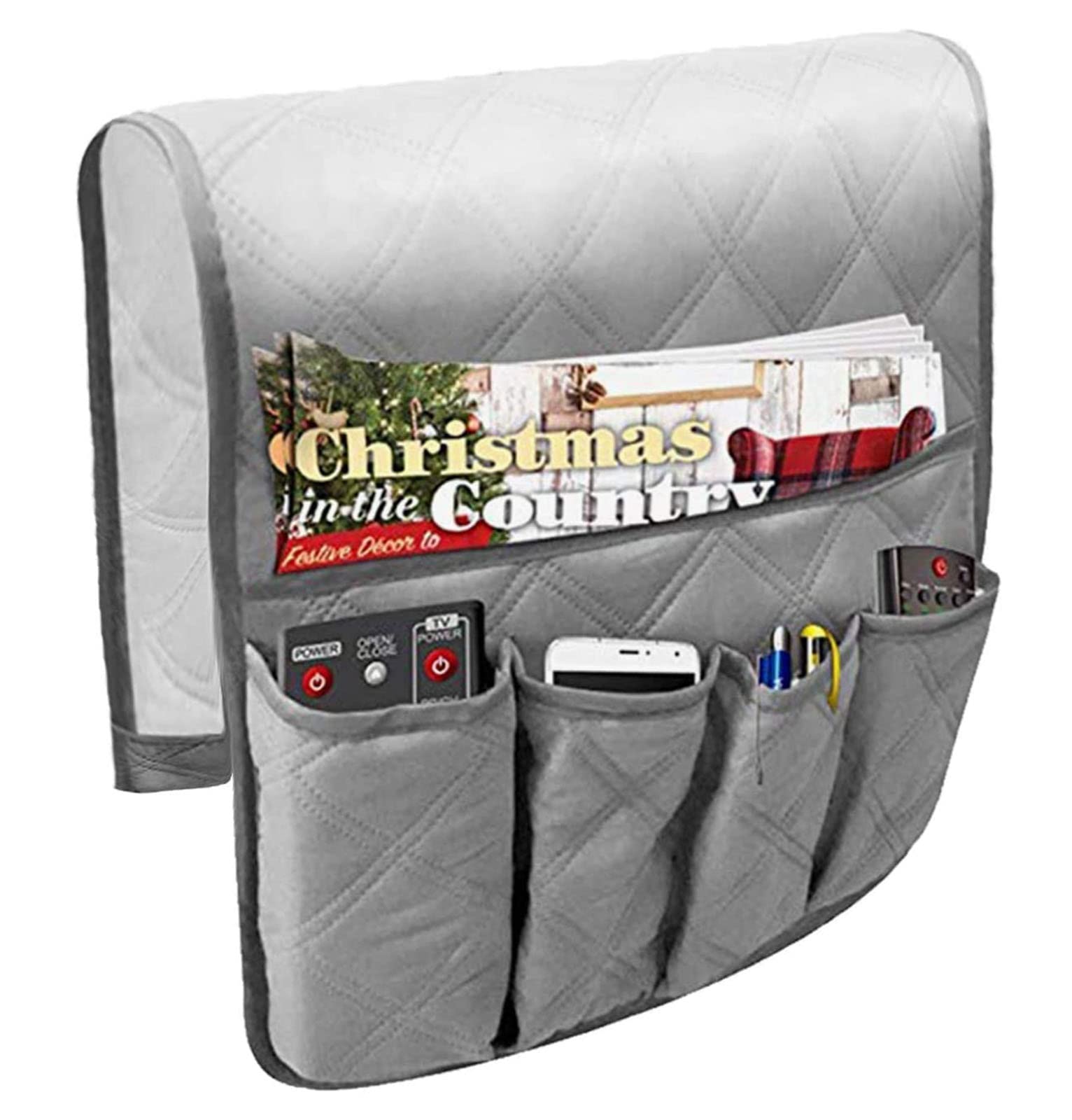 atongsakw Sofa Armrest Organizer, Armchair Caddy Remote Control Holder for Recliner Couch, Arm Chair Caddy Anti-Slip Armchair Storage Bag with 5 Pockets for Magazine, Tablet, Phone, iPad, Grey