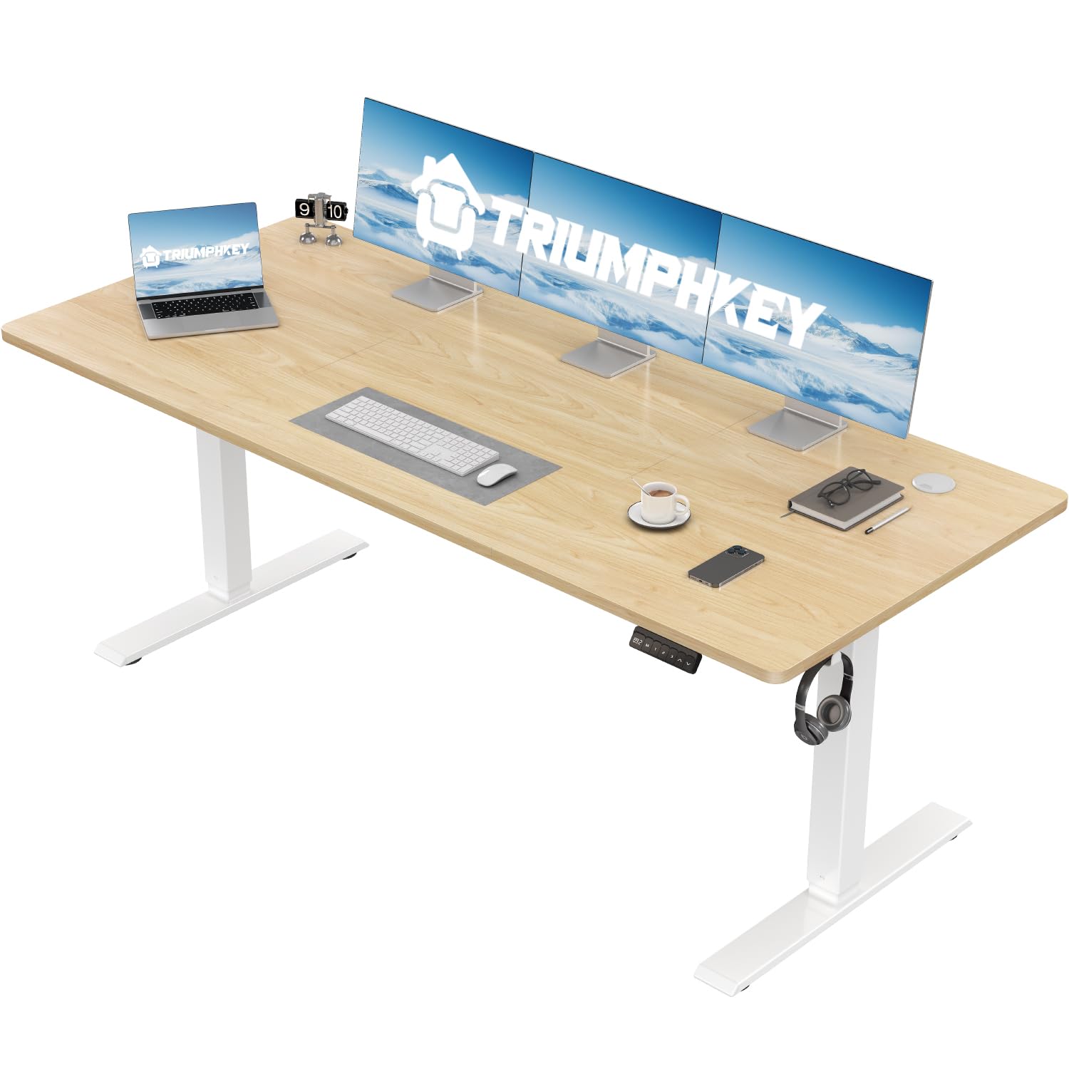 TRIUMPHKEY Height Adjustable Electric Standing Desk 150 x 60cm with Memory Smart Pannel Sit Stand Desk with Backpack Hook Stand Up Study Table Work Table for Home Office(Beige)