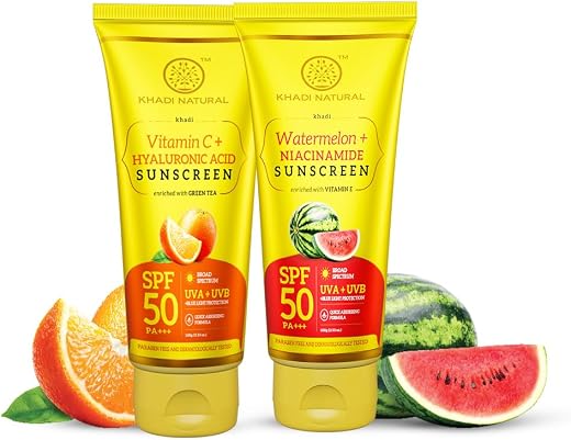 Khadi Natural Sunscreen Aqua Gel Combo | Vitamin C &amp; Hyaluronic Acid SPF 50 PA+++ | Watermelon &amp; Niacinamide SPF 50 PA+++...