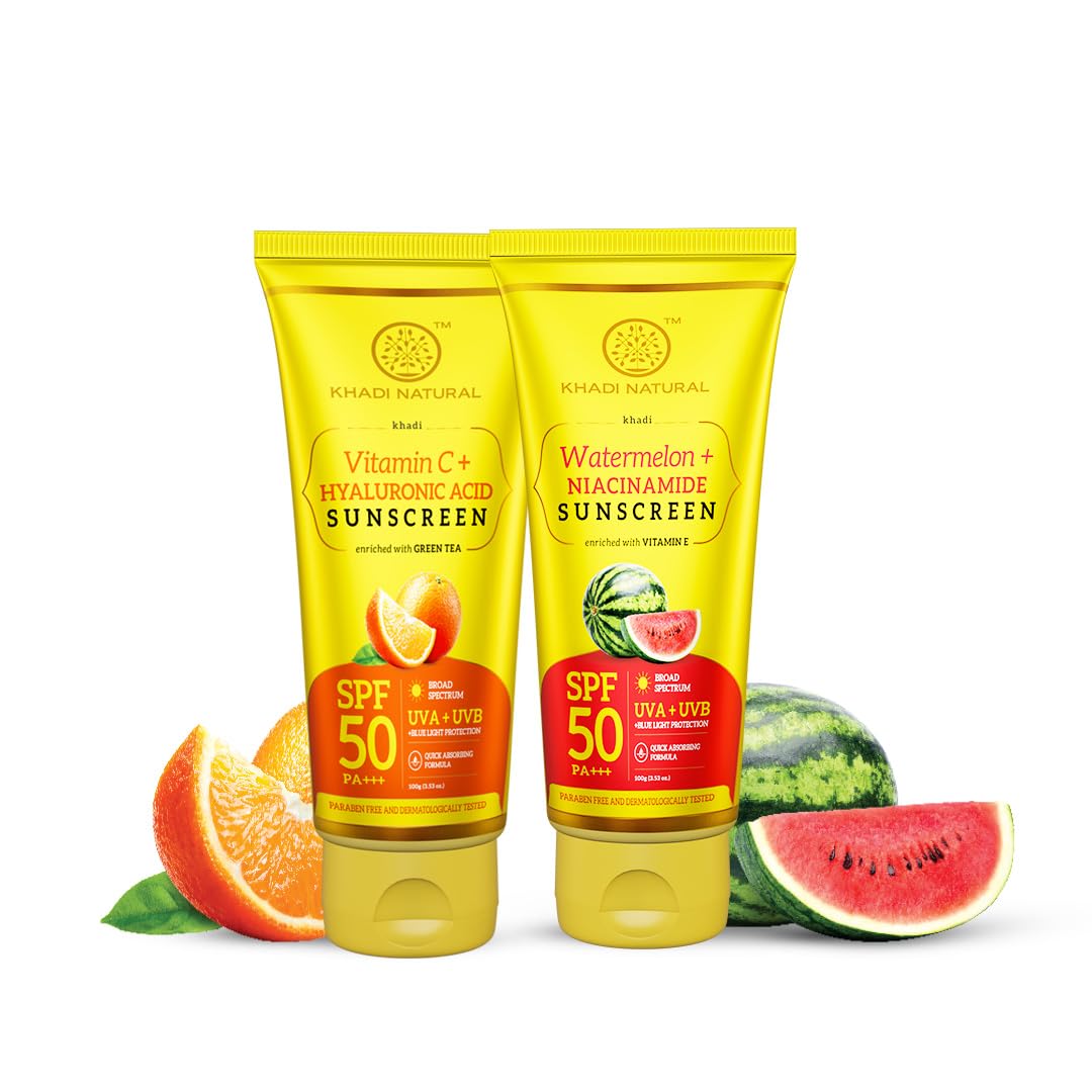 Khadi Natural Sunscreen Aqua Gel Combo | Vitamin C & Hyaluronic Acid SPF 50 PA+++ | Watermelon & Niacinamide SPF 50 PA+++...