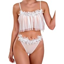 Womens Lingerie 2 Piece Set, Sheer Mesh Bra & Thong with Lace Appliques, See-Through Chemise with Ruffle Trim