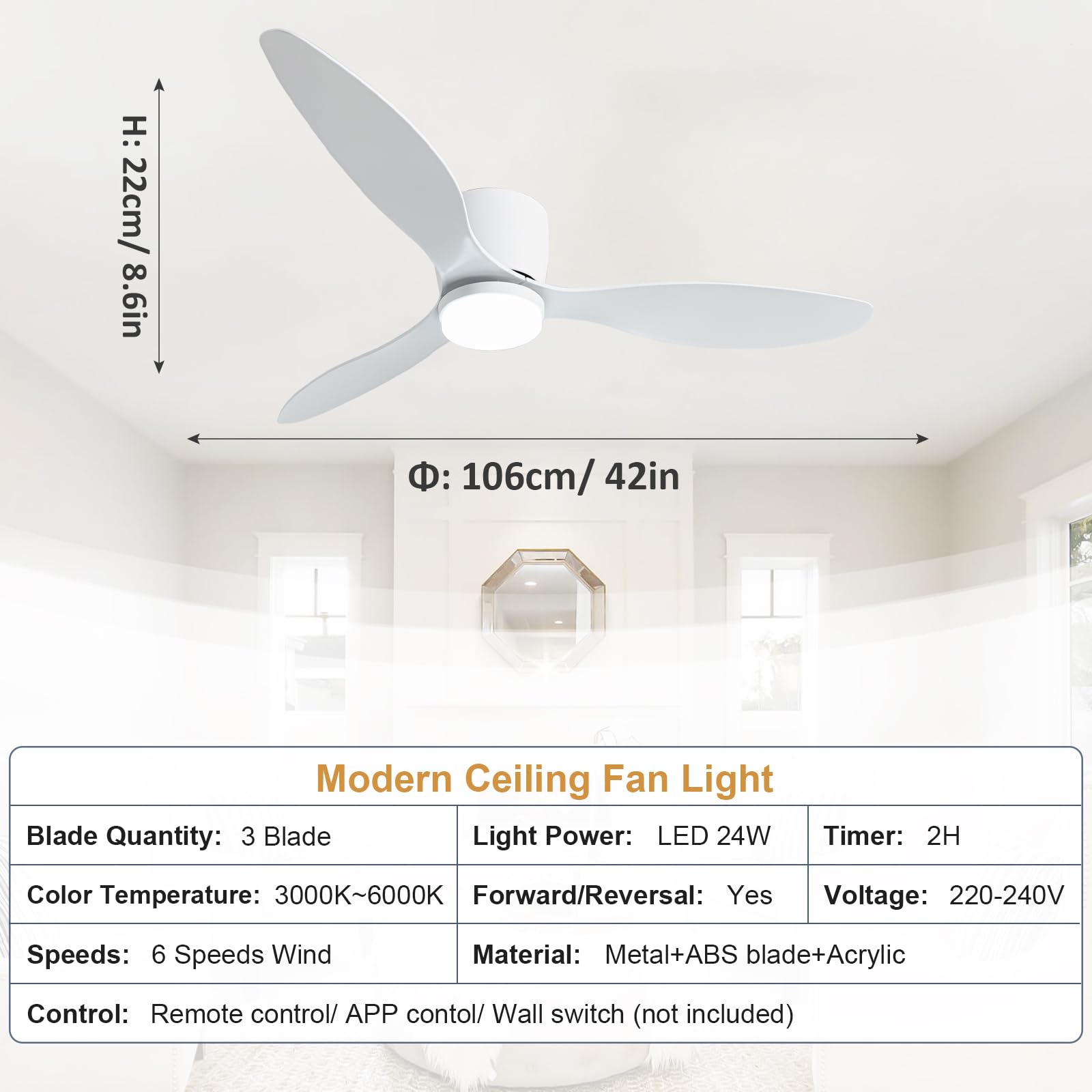 100CM Große Deckenventilator Mit Beleuchtung Und Fernbedienung Deckenlampe Mit Ventilator DC Reversibel Leise LED Drei Farben Deckenleuchte Mit Ventilator Für Wohnzimmer Schlafzimmer-B||42in