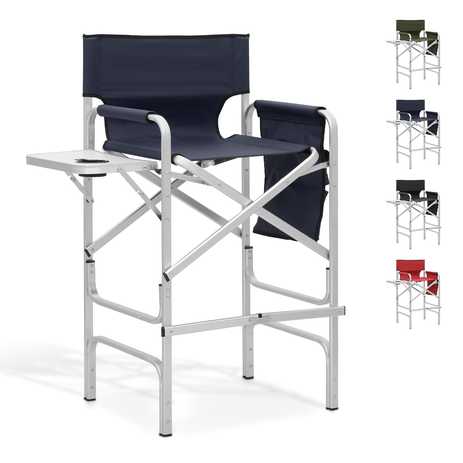 Sedia da regista, alta 78 cm, pieghevole, con telaio in alluminio, sedia da trucco per truccatori, sedia da campeggio portatile con tavolino, portabicchieri e tasche, capacità 113,4 kg (blu)