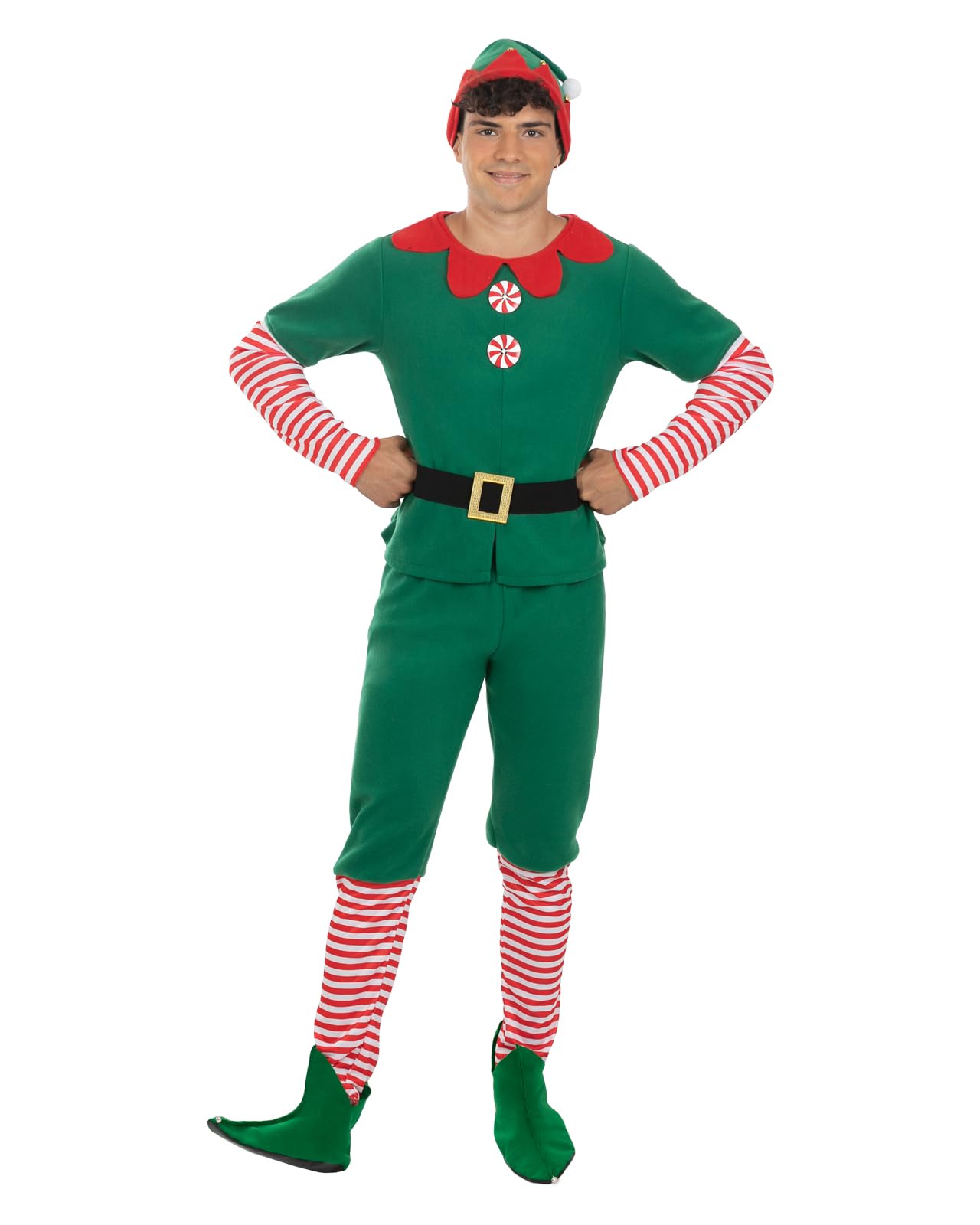Funidelia Disfraz de elfo para hombre, Incluye camiseta, pantalón, cinturón y gorrito, Navidad - Traje para adultos para fiestas, Carnaval y Halloween - Talla M