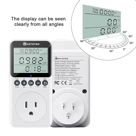 KETOTEK Watt Meter Plug-in Socket Power Meter, Kilowatt Wattage Voltage Tester, Home Electricity Usage Monitor with Overload Protection, LCD Display Energy Voltage Amps Power Consumption Monitor