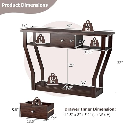 Miniatura 2 de KOTEK Mesa consola de 47 pulgadas con cajón de almacenamiento y estantes, mesa de sofá estrecha, mesa de vestíbulo decorativa, mesa de entrada para