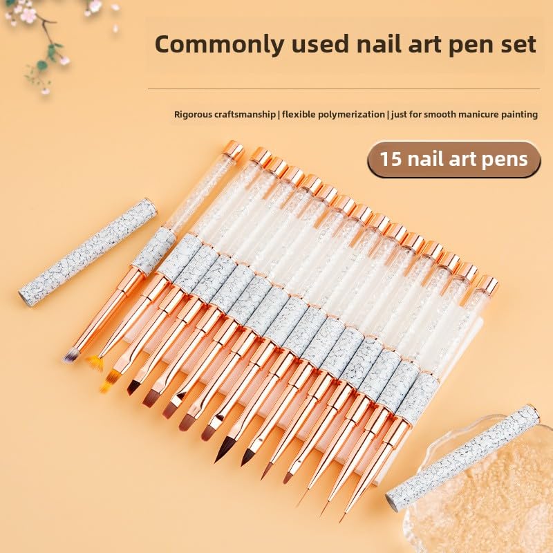 15pc Professional Nail Art Brush Set with Diamond Rhinestone Handles - Gel Polish, Liner, Detailing Brushes for Salon & DIY Nail Design