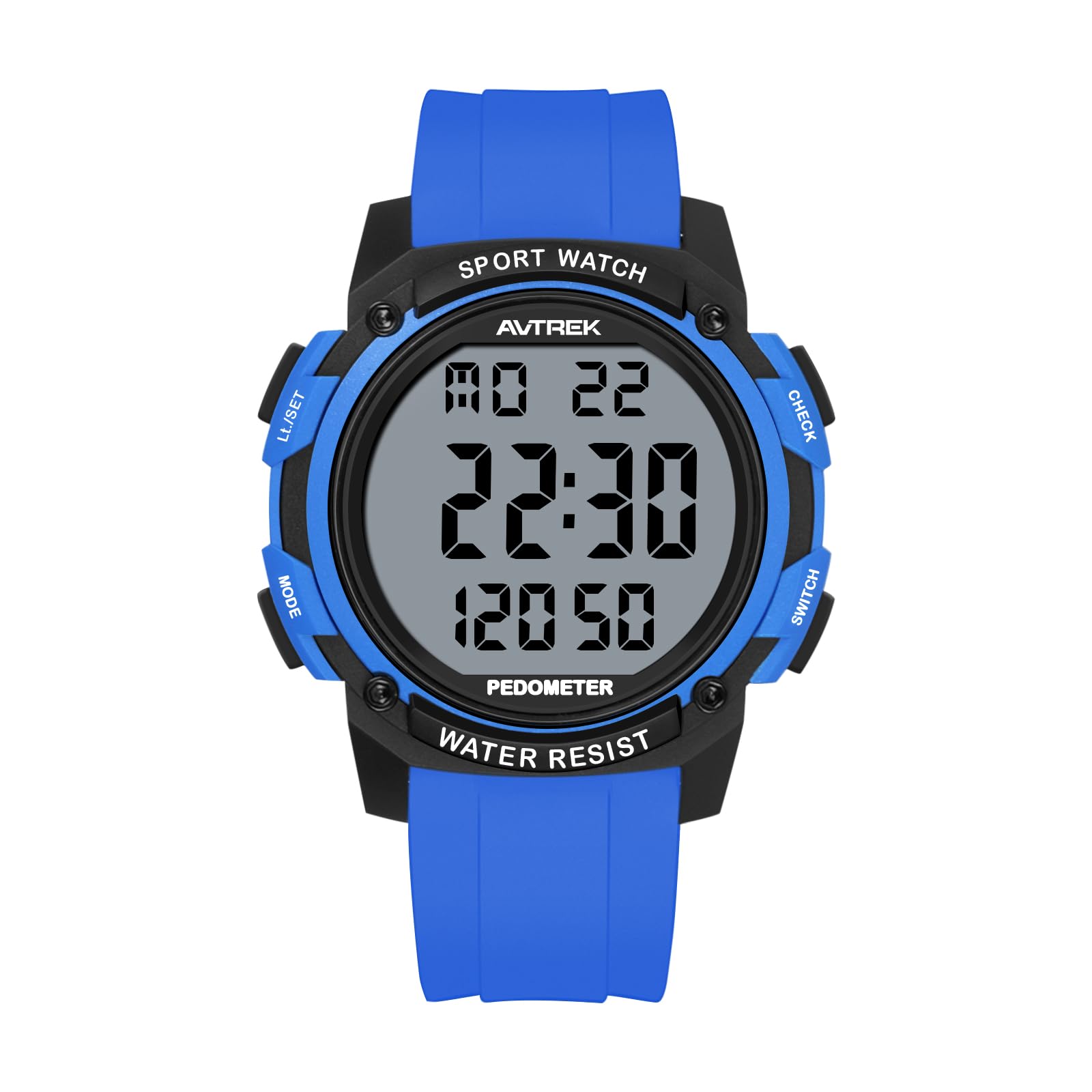 AVTREK Waterproof Pedometer Watch Step Counter for Walking No APP/Bluetooth Required Sport Fitness Tracker with LCD Large Numbers Miles Calories(Blue)