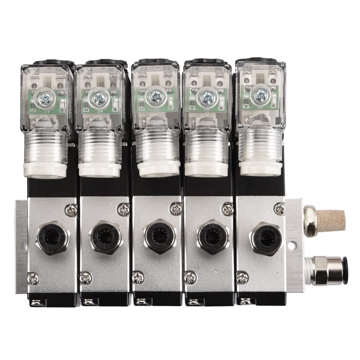 Heschen Válvula solenoide neumática eléctrica 5, 3V210-08, DC24V, PT1/4, 3/2 vías, conjunto de accesorios rápidos de silenciador base colector