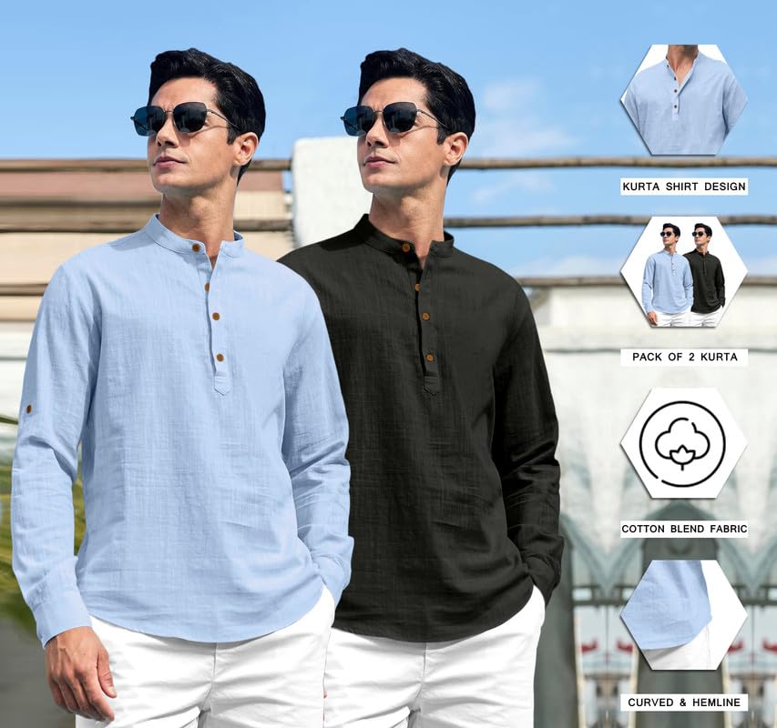 Image of ROYALSCOUT Combo of Men's Solid Cotton Blend Full Sleeve Straight Kurta Shirt (Pack of 2)