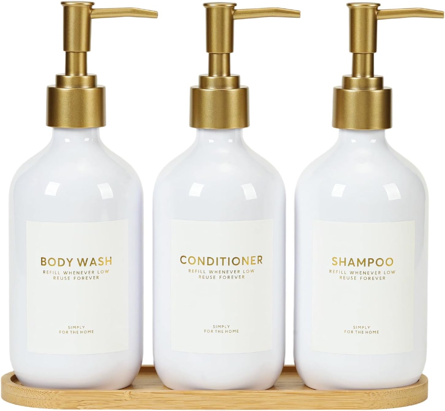 Shampoo and Conditioner Dispenser Bottles with Bamboo Tray | Reusable Pump Bottles 16.9 fl oz 3-Pack Plastic Refillable Bottles with Labels Bathroom Shower Dispenser(Clear&Gold)