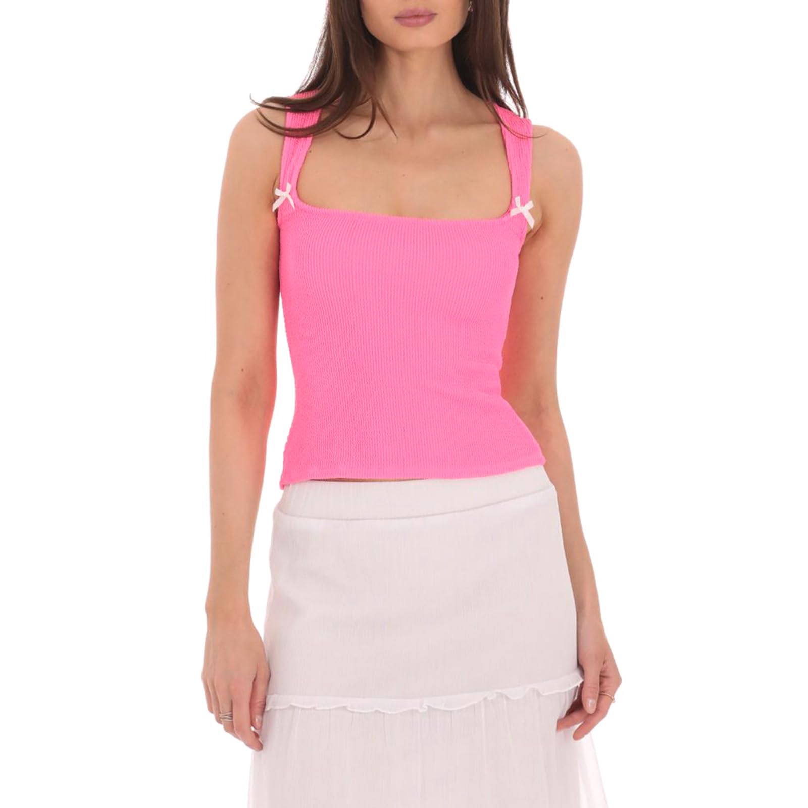 Women Ribbed Square Neck Tank Tops Backless Sleeveless Tops Basic Bows Slim Fit Shirts (Rose Red, s)