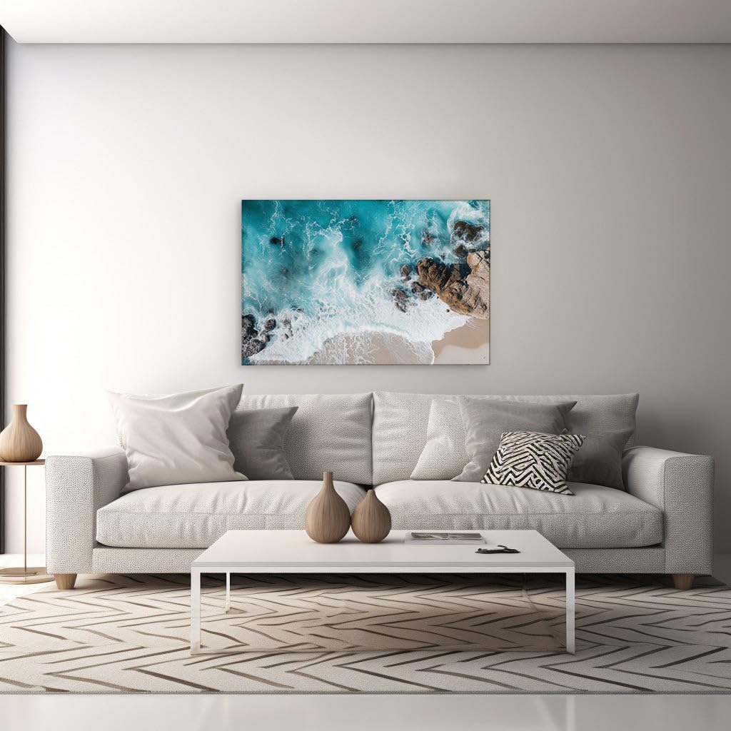 Canvas for Living room. Captivating Seaside Serenity: Where Waves Embrace Rocky Shores, 27 x 18 inch Canvas Wall Art - Tranquility - Modern Home Decor