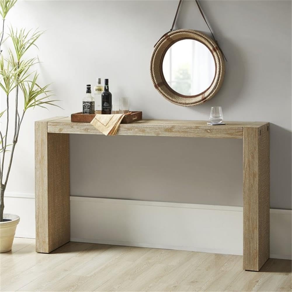 Pemberly Row Contemporary Solid Wood Console Table, 64 in Wide, Wire Brushed Natural Finish, Multifunctional for Decor or Dining, Rustic Style Table for Living Room or Kitchen Use