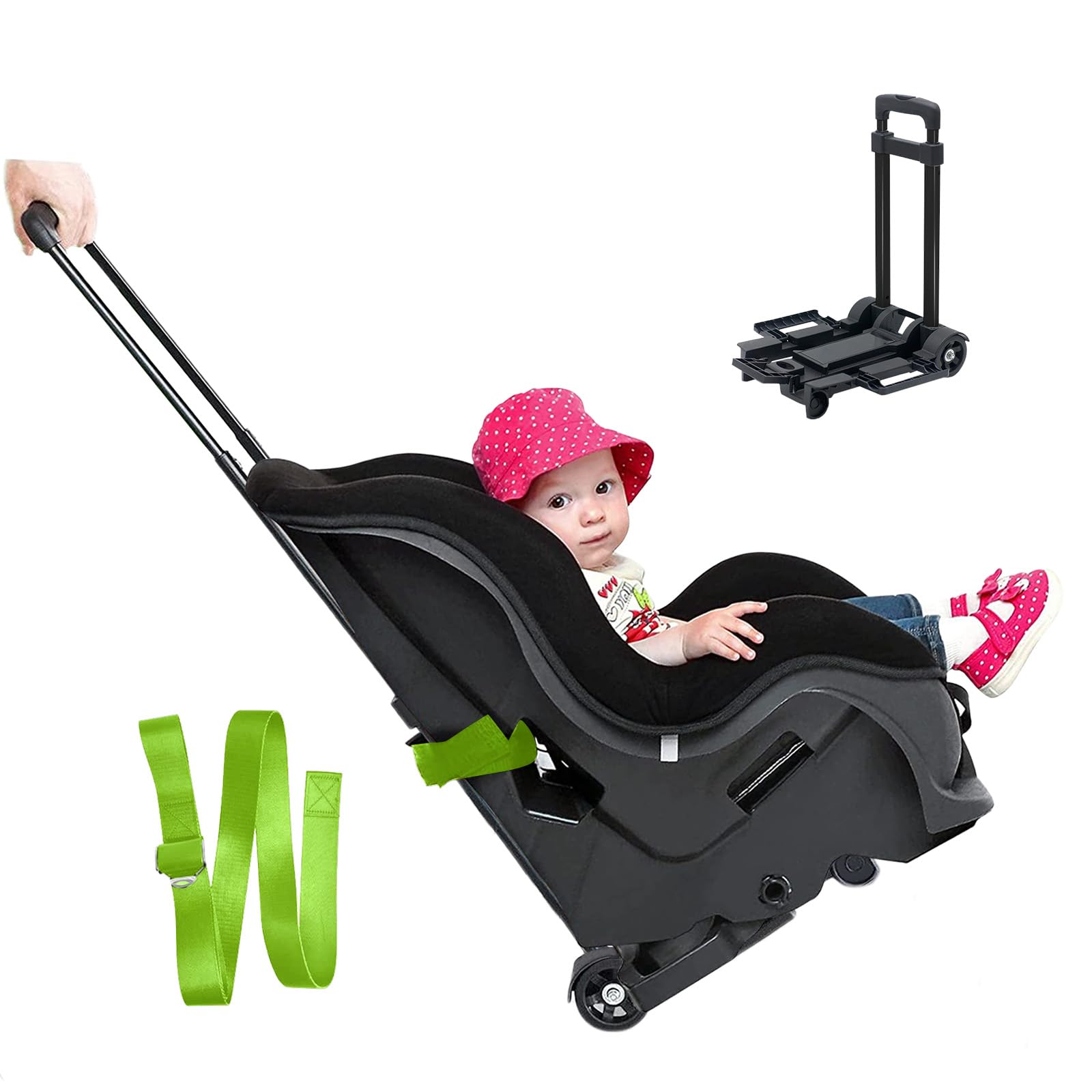 Car Seat Carrier for Airport with Wheels and Compact Fold, Car Seat Trolly, Car Seat Trolley for Airport, Foldable Car Seat Travel Cart with Belt