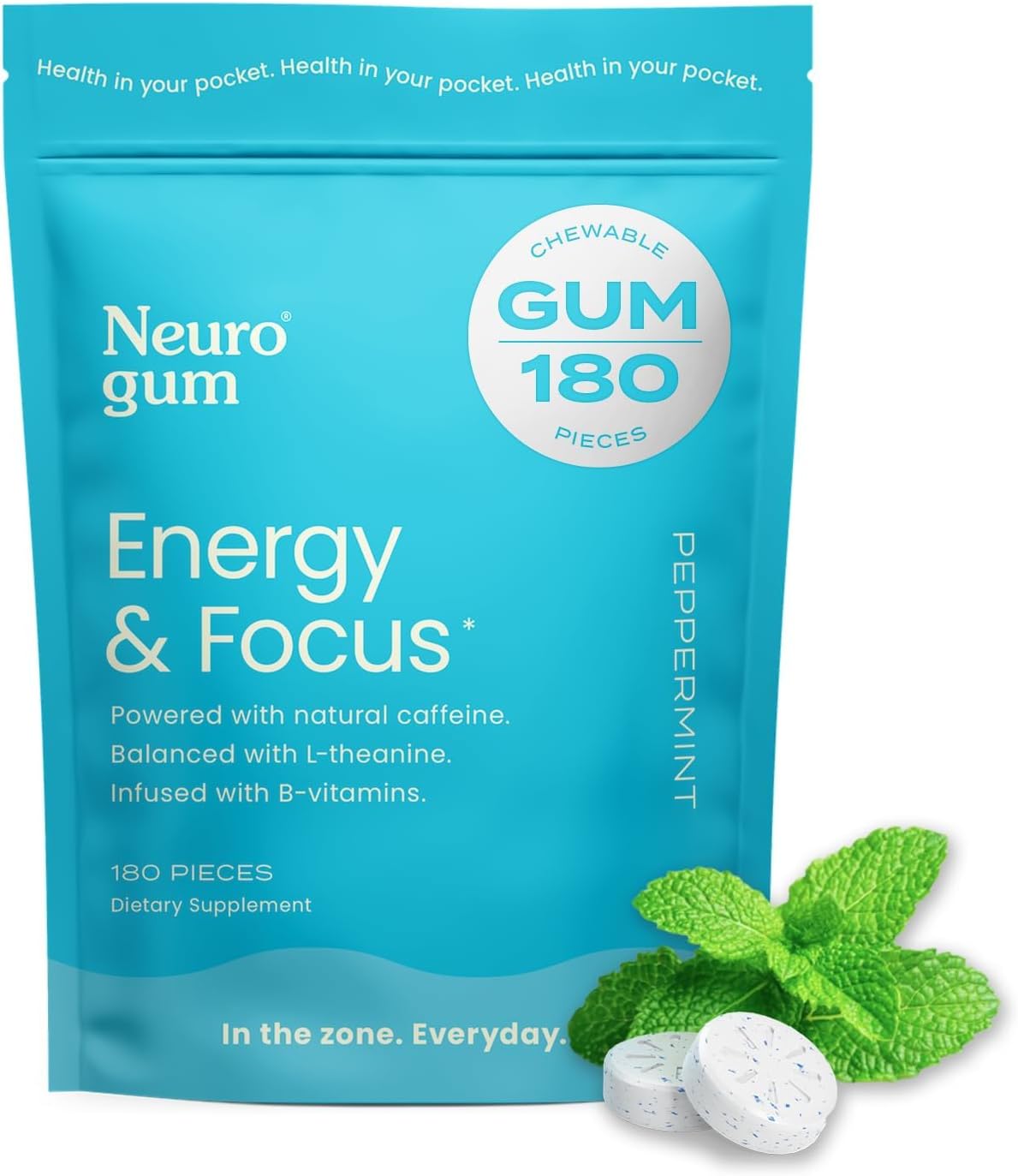 Energy Caffeine Gum (180 Pieces) - Sugar Free with L-theanine + Natural Caffeine + Vitamin B12 & B6 - Nootropic Energy & Focus Supplement for Women & Men - Keto & Vegan, Peppermint Flavor