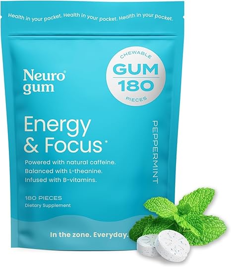 NeuroGum Energy Caffeine Gum (180 Pieces) - Sugar Free with L-theanine + Natural Caffeine + Vitamin B12 & B6 - Nootropic Energy & Focus Supplement for Women & Men - Keto & Vegan, Peppermint Flavor