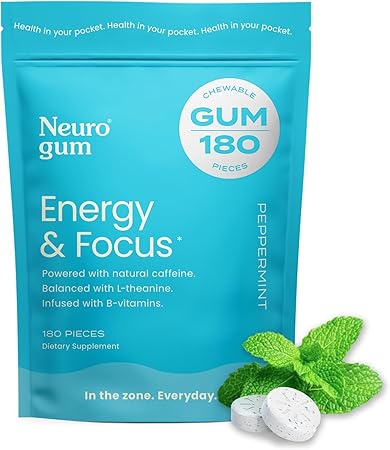 NeuroGum Energy Caffeine Gum (180 Pieces) - Sugar Free with L-theanine + Natural Caffeine + Vitamin B12 & B6 - Nootropic Energy & Focus Supplement for Women & Men - Keto & Vegan, Peppermint Flavor