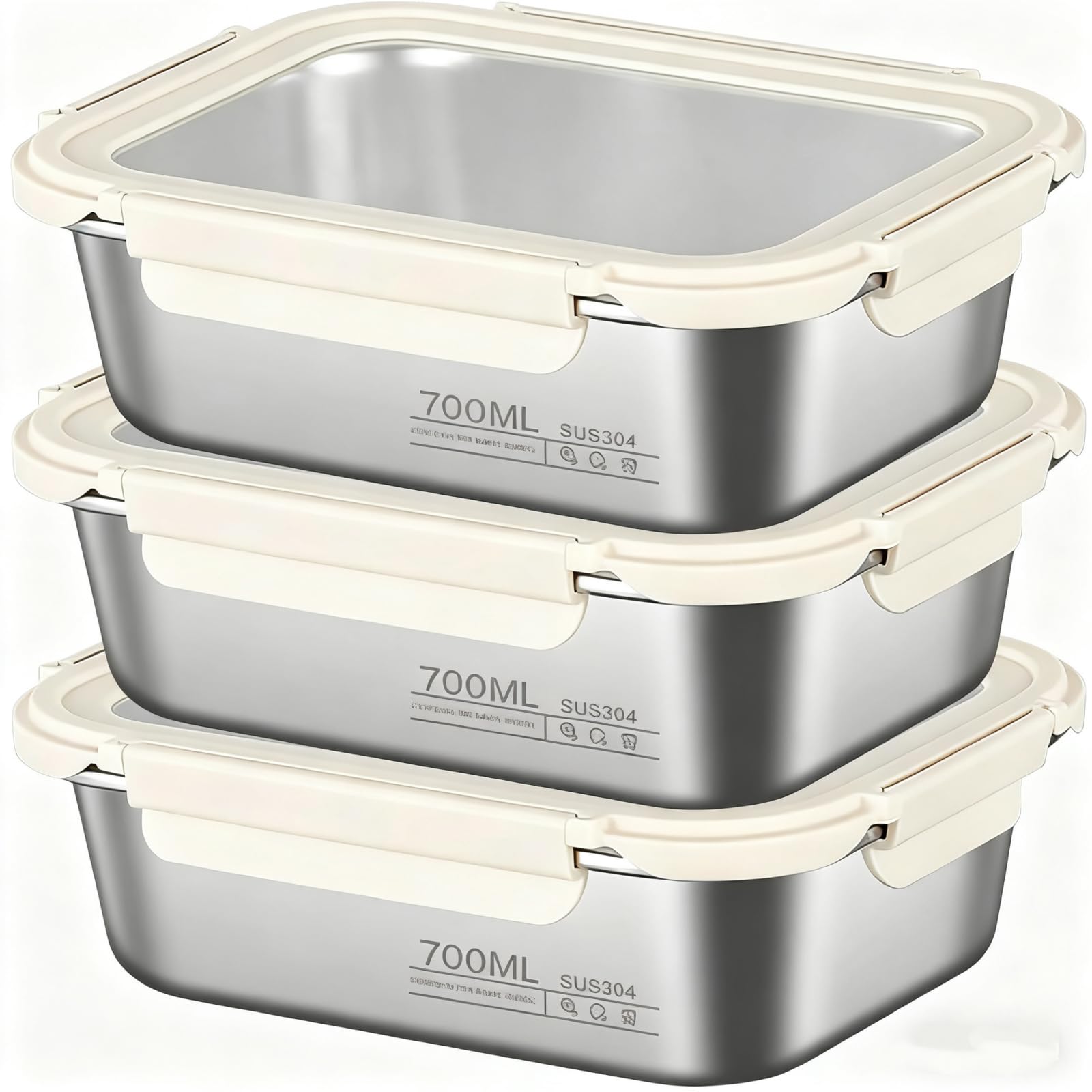Cecombine Silver 3Pack Stainless Steel Food Storage Containers With Lids, Airtight Metal Food Container, Stackable Meal Prep Containers, Leakproof Metal Lunch Box For Kitchen,Office,Bento,Snacks