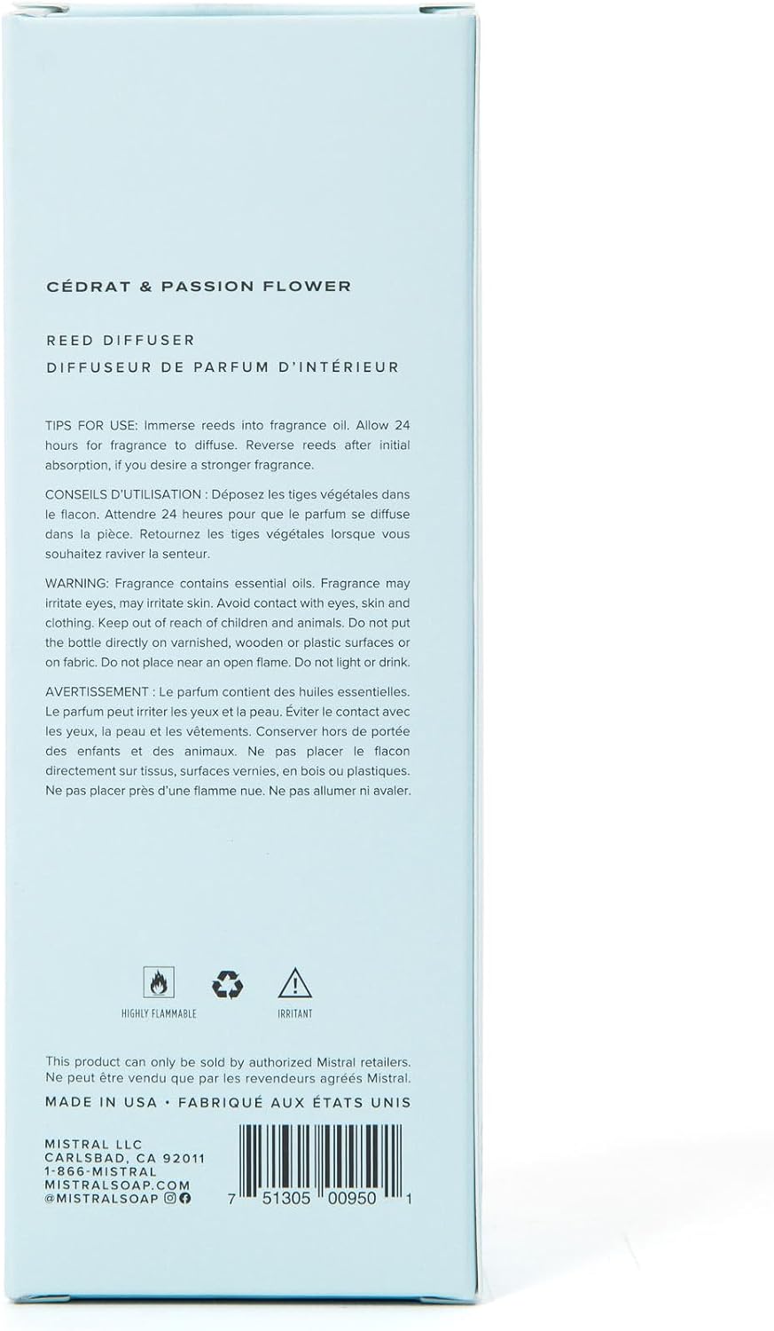Mistral Cédrat & Passion Flower Reed Diffuser – Citrus & Passion Flower Scent Diffuser for Home, Office, Bathroom | 100% Oil-Based & Alcohol-Free, Long-Lasting, with Natural Reed Sticks (3.5 fl oz)