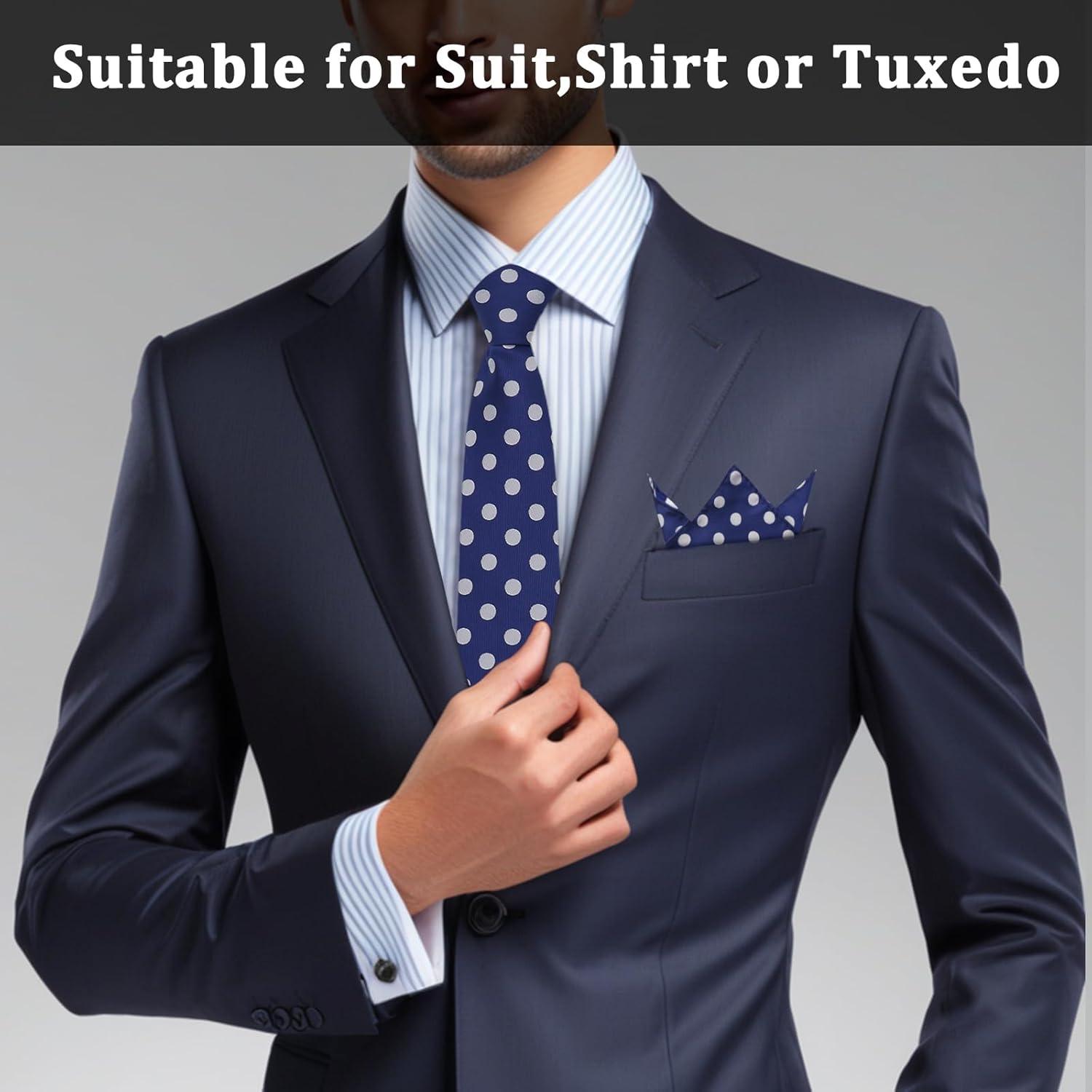 Mens Tie and Pocket Square Combo, Black Blue and White Polka Dot Ties for Men with Handkerchief for Business Tuxedo - Image 2