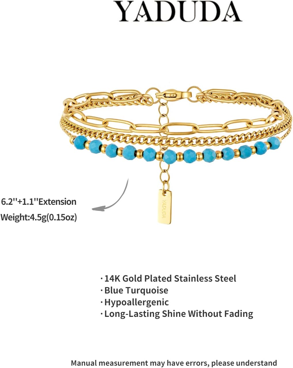 YADUDA Layered Bracelets Dainty Gold Bracelets for Women Chain Link Paperclip with Malachite Colorful Mixed Stones Blue Turquoise Rhodochrosite Adjustable 14K Gold Plated Boho Bracelets for Women - Image 2