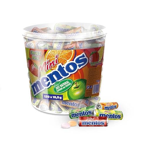 Mentos Mini Fruit Mix Bucket, Eimer mit 120 Mini-Rollen à 5 Frucht-Dragees, Kaubonbons in den Sorten Orange, Erdbeere, Apfel & Zitrone (120 x 10,5g) Cover