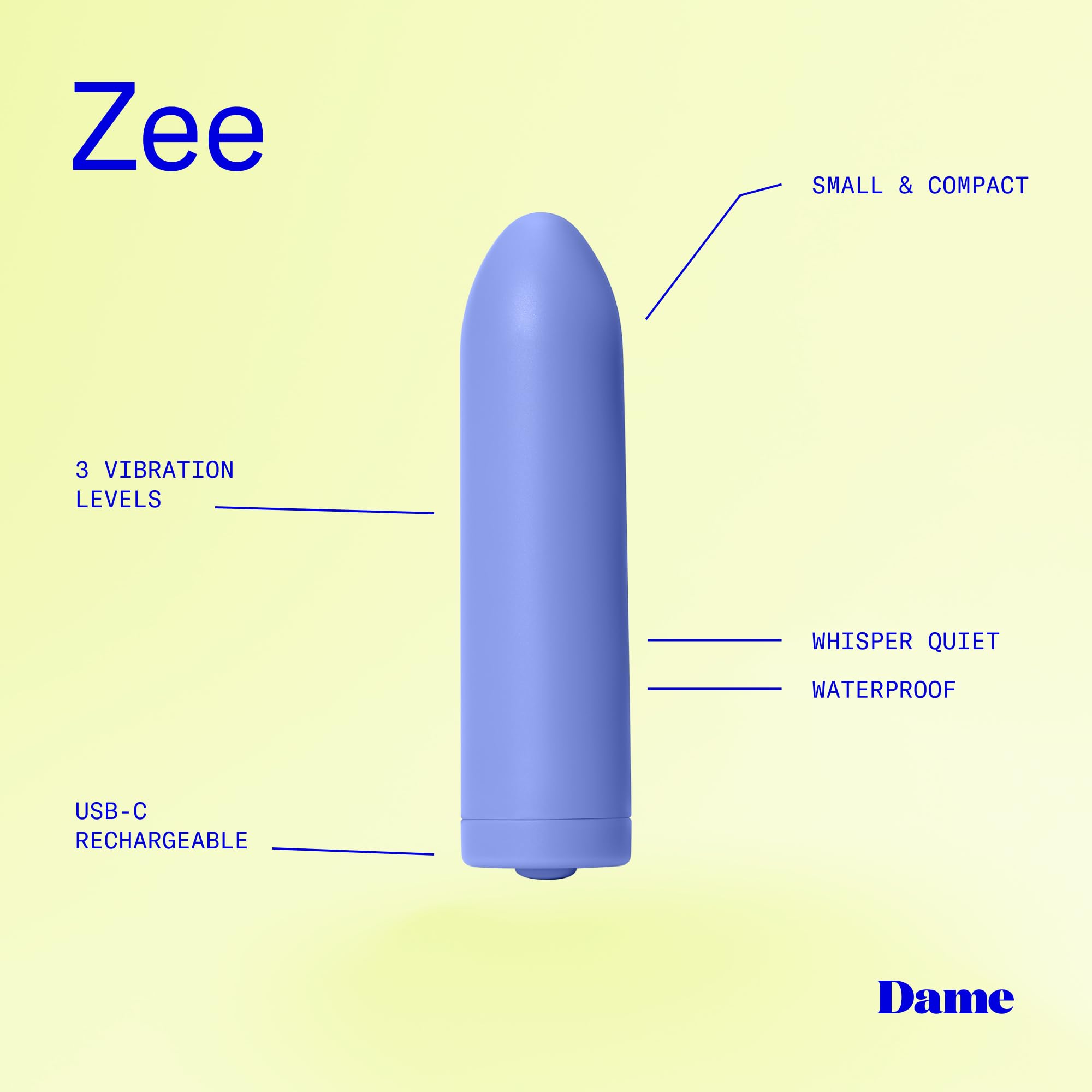 Amazon.com: Dame Products Zee Handheld Portable Small Massager - Strong,  Compact Massaging - USB Rechargeable - 100% Water Resistant Bullet -  Periwinkle Color : Health & Household