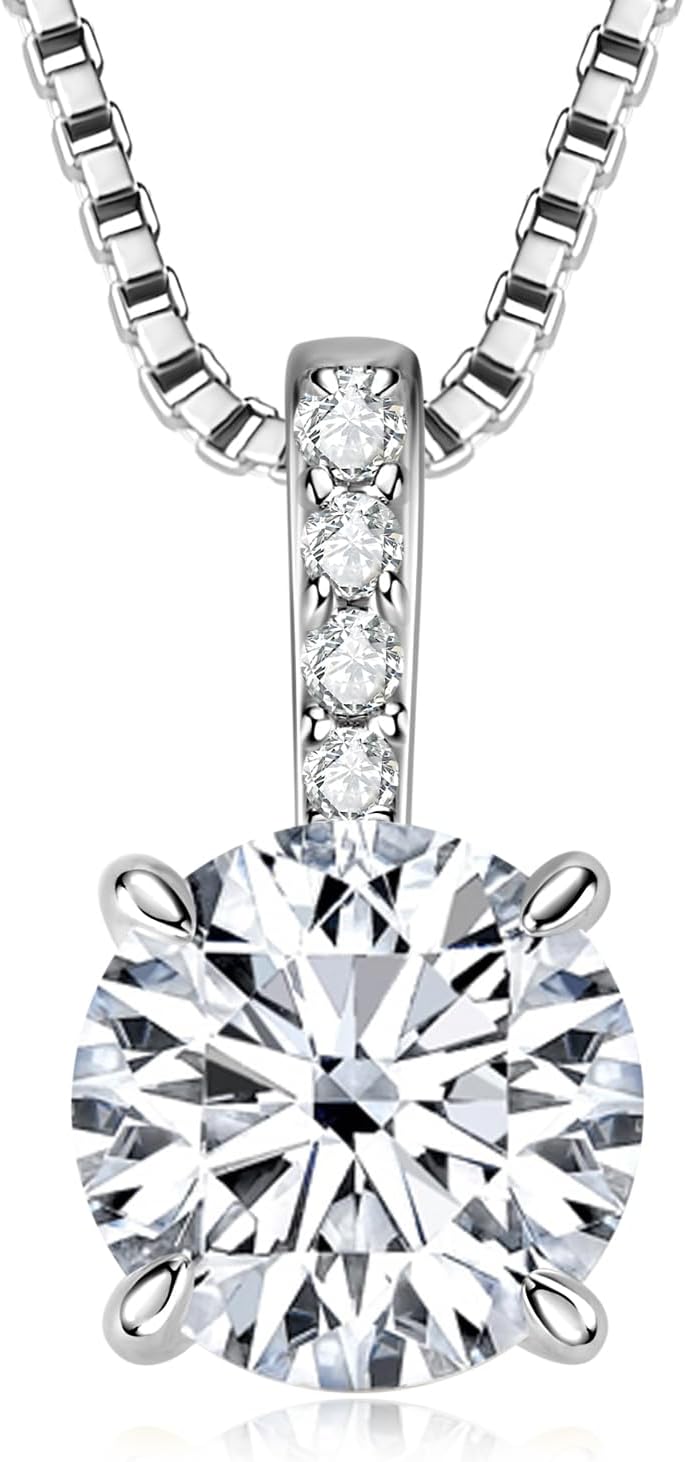 DYUNQ1CT Moissanite Necklace for Women, Solitaire Lab Created Diamond Pendant, 18K White Gold Plated D Color Round Cut 925 Sterling Silver Necklace, GRA Certified, 18+2 inch Box Chain