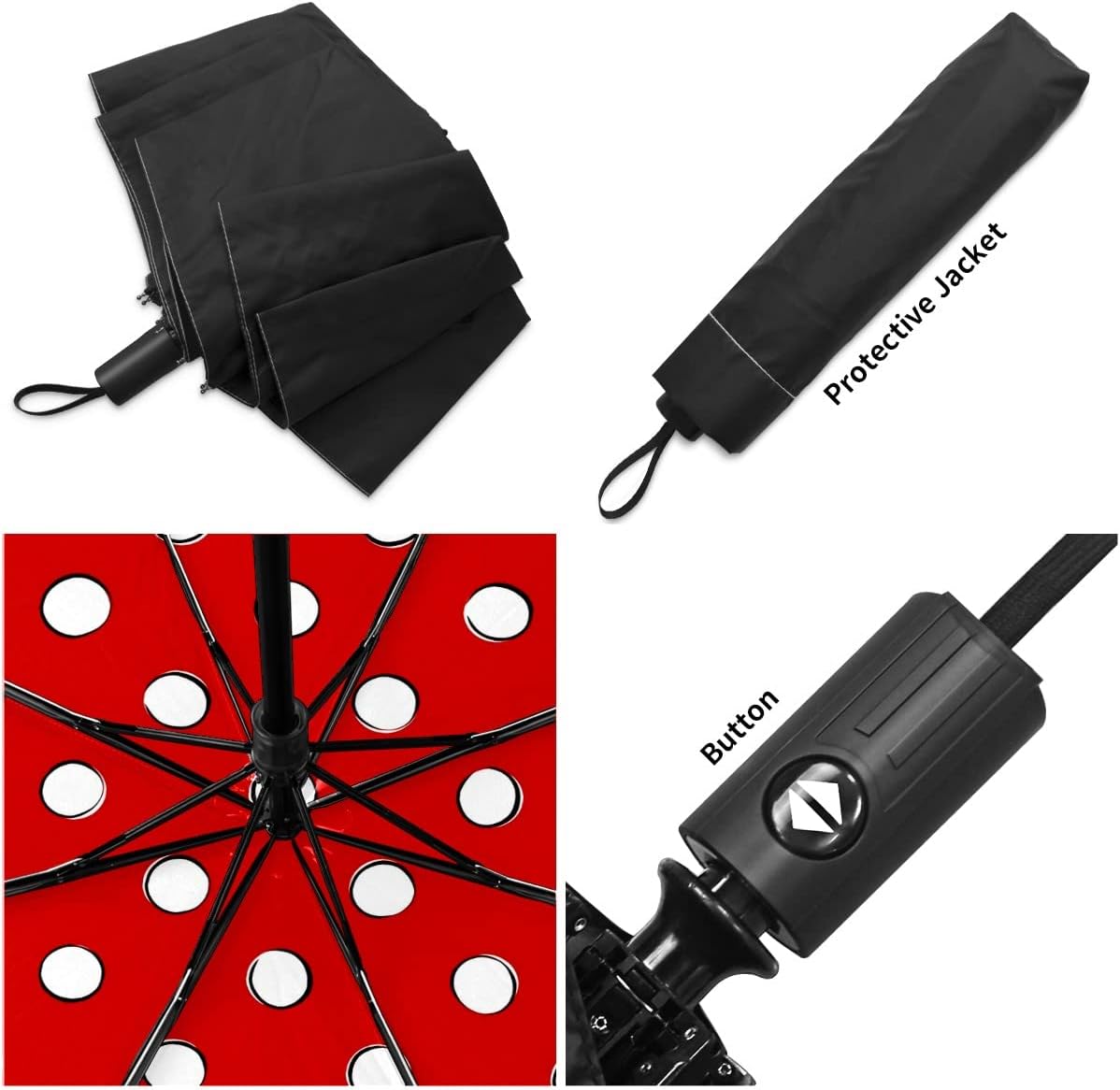 Automatic Folding Umbrella, White Retro Polka Dots Red Waterproof Compact Sun and Rain Travel Umbrellas