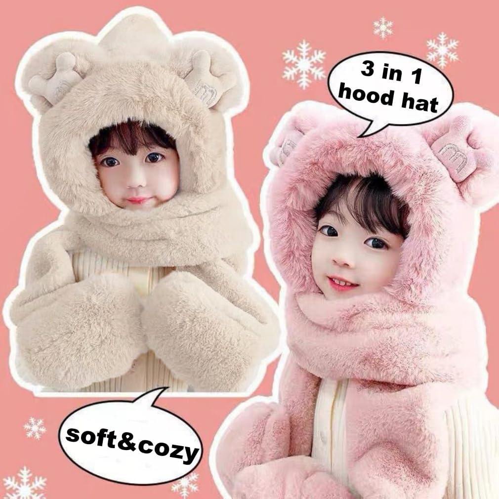 Kid Animal Hooded Hat 3 in 1 Furry Earflap Cap Scarf Mittens Cute Bear Warm Winter Plush Hoodie Hat Full Pocket Set for 6-12Y - Image 6