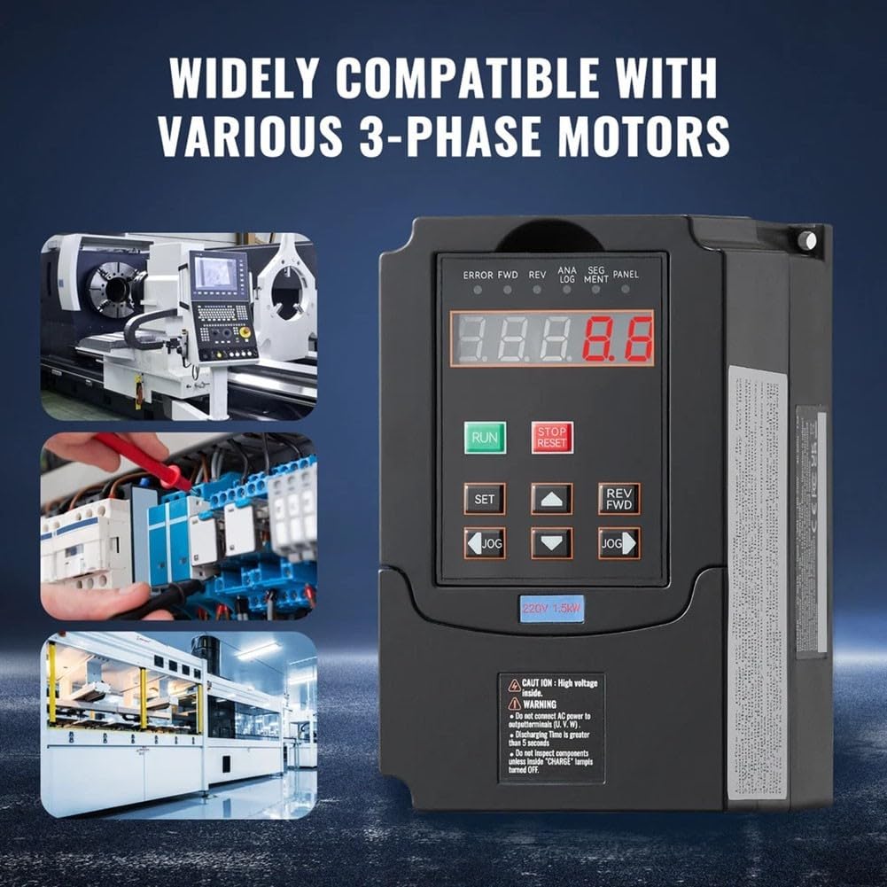 Frequenzumrichter 2HP 1,5KW 220V VFD zur Steuerung von Drehstrommotoren an Schleifmaschinen Zentrifugen Pumpen mit LCD Display und Tasten 0-400Hz Frequenz 1 oder 3 Phase Eingang schwarz langlebig