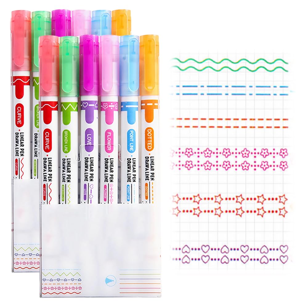 Drkicsy Highlighter Pen Set for Note Taking, Dual Tip Pens with Different Curve Shapes and Mark Lines, Aesthetic Curve Marker Highlighter for Journal