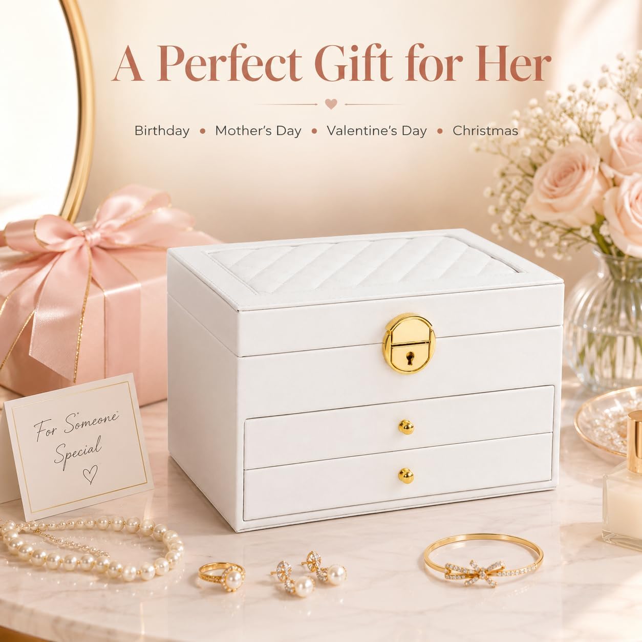 3 Layer Jewelry Box for Women, PU Leather Organizer with Lock | Earring Display, Ring Slots, Bracelet Space, Watch Storage, Gift For Wife