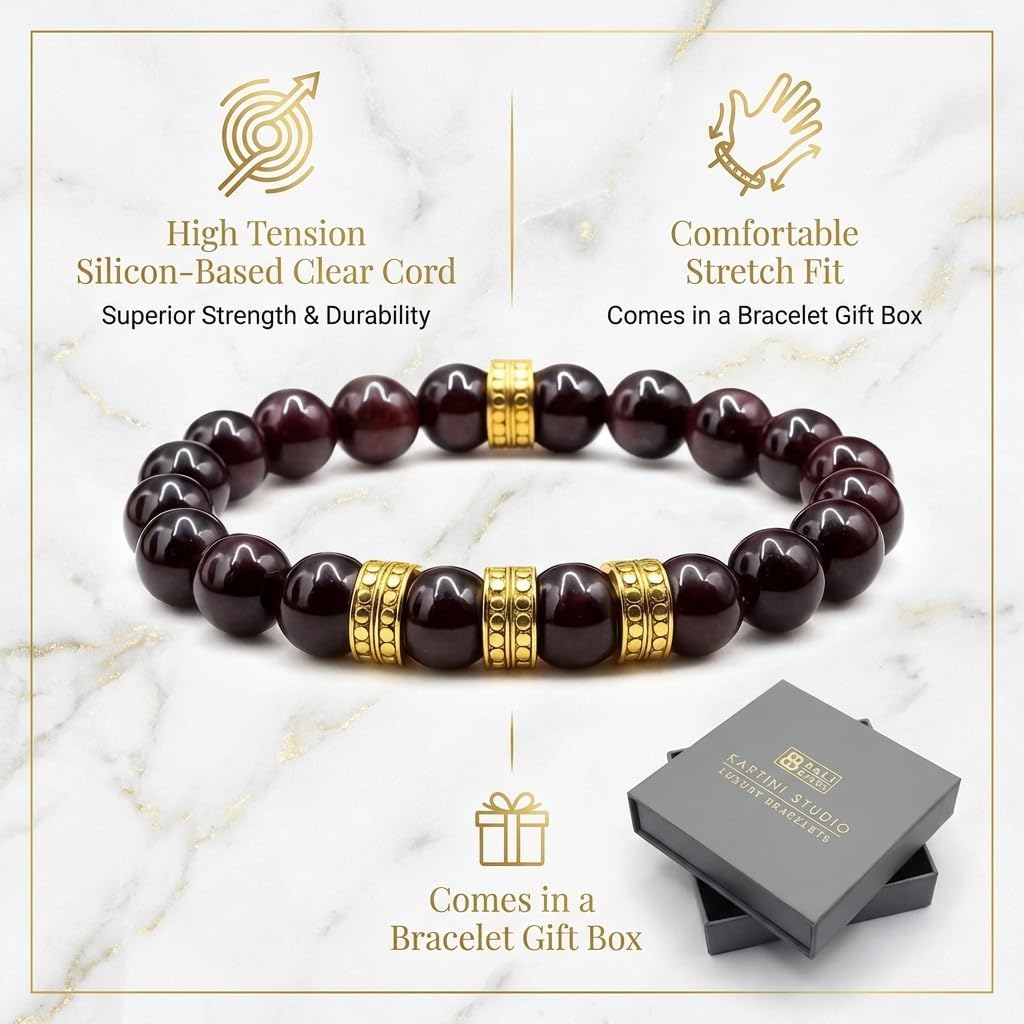 Kartini Studio Men's Garnet and Gold Bracelet, Garnet Bracelet, Quality Bead Jewelry for Men
