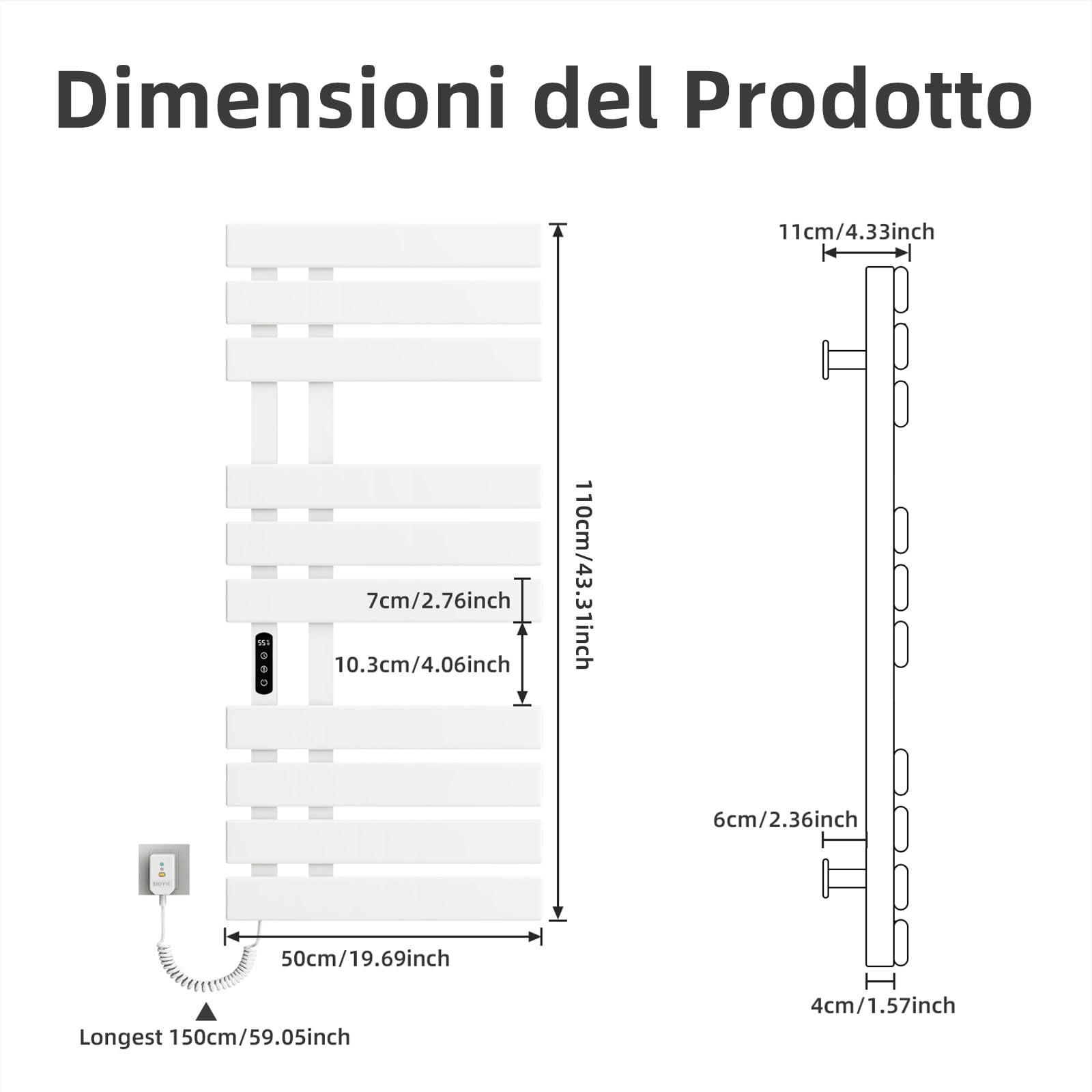 Scaldasalviette Elettrico, Termostato WiFi Smart Scaldasalviette, per Alexa e Google Home e APP, 500x1100 mm, Portasciugamani elettrico, Scaldasalviette Elettrico Bagno Basso Consumo-WIFI White Right
