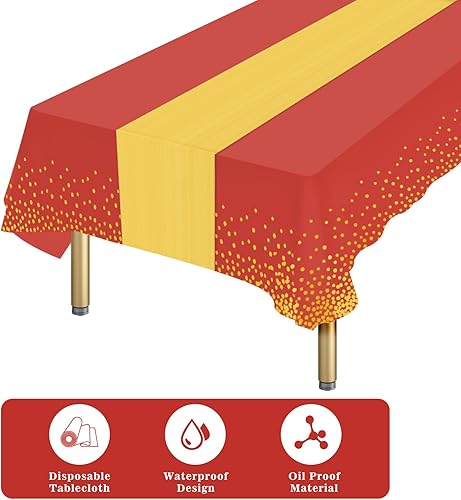 Miniatura 4 de Paquete de 12 manteles de plástico rojo para mesa rectangular desechables y de satén, manteles rojos para fiestas y camino de mesa dorado para
