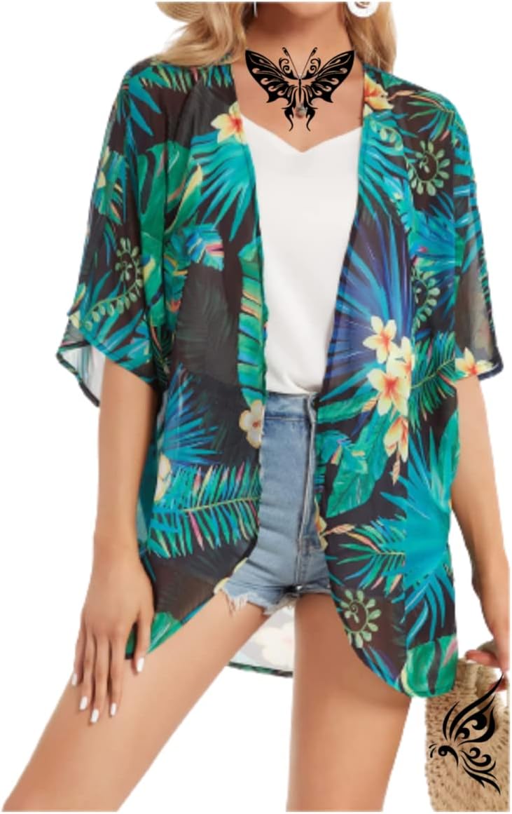 Women's Floral Print Puff Sleeve Kimono Cardigans Chiffon Casual Loose Open Front Cover Tops Cardigan Blouse - Image 6