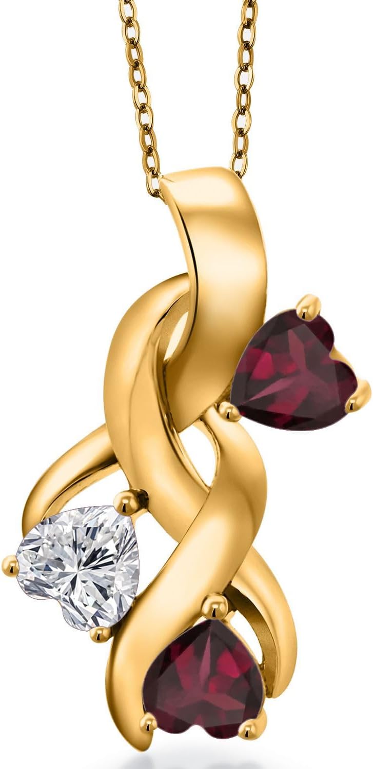 Gem Stone King 18K Yellow Gold Plated Silver Lab Grown Diamond and Red Rhodolite Garnet Pendant Necklace for Women | 1.54 Cttw | Gemstone April Birthstone | Heart Shape 5MM | With 18 Inch Chain