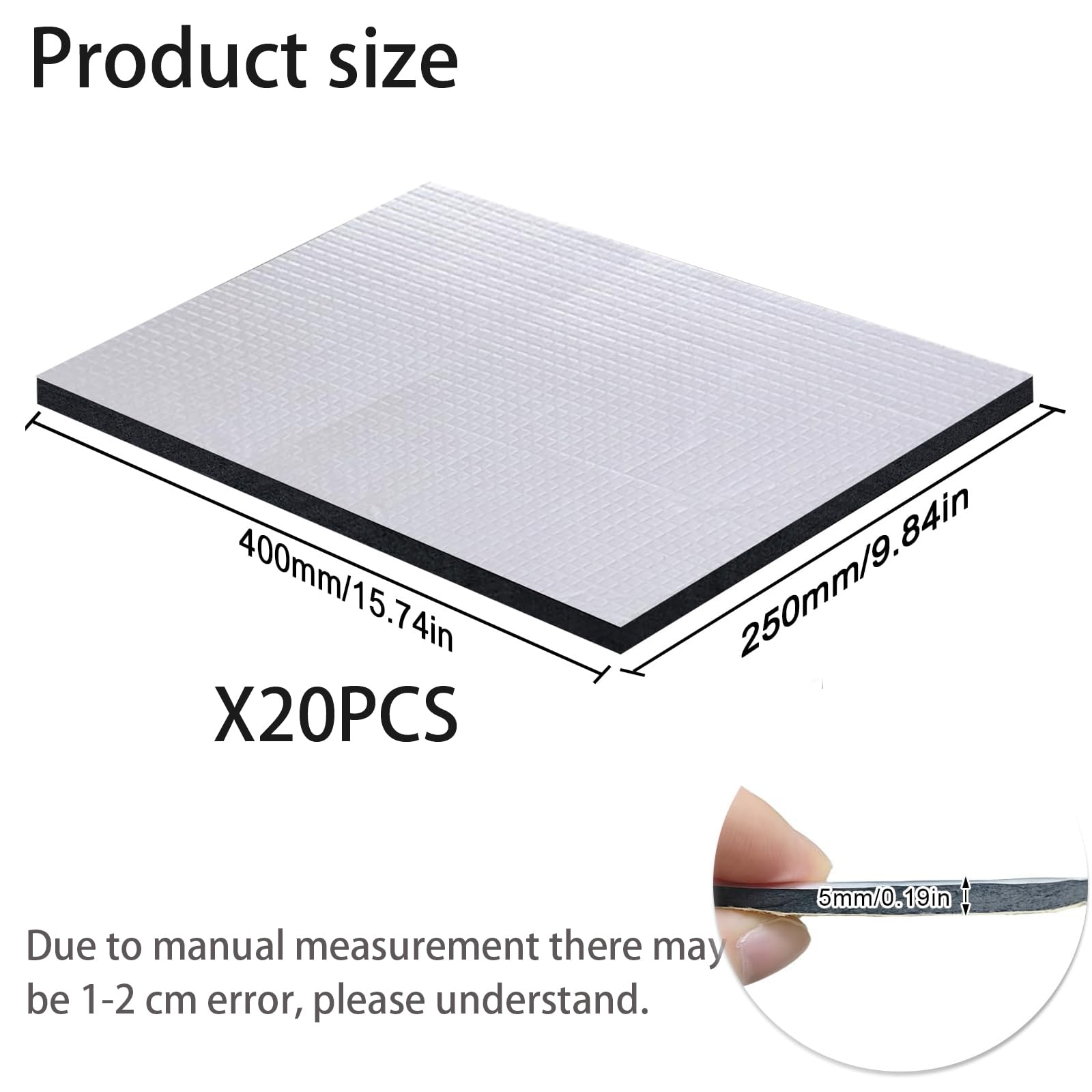 20 Stück Dämmmatte Auto, 400x250x5mm Schallschutzmatte Isolierung Matte Schaumstoff, Antidröhnmatte Selbstklebend, Isoliermatte Selbstklebend Auto Dämmung, Feuerfest, Wasserdicht (Größe 400x25x5mm)