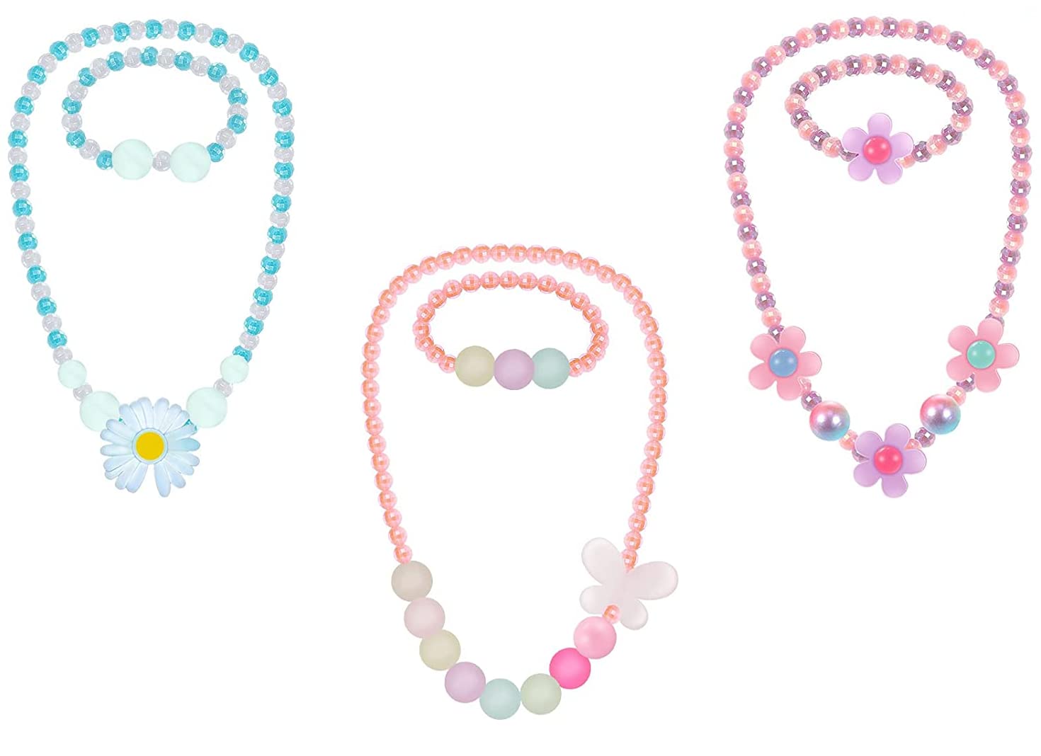 El Regalo 3 PCs Girl Princess Necklaces & Bracelets Jewelry Set with Colorful Flowers & Acrylic Beads – Kids Stretchy Chunky Costume Jewelry Gifts Party Favors Dress up Jewelry for Little Girl Toddler