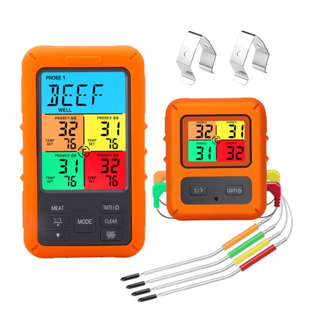 Wireless Meat Thermometer, Digital Meat Thermometer for Cooking Wireless Meat Thermometer with Four Meat Probes Digital Cooking Food Wireless for BBQ Grill Smoker Oven Kitchen (Color Screen)