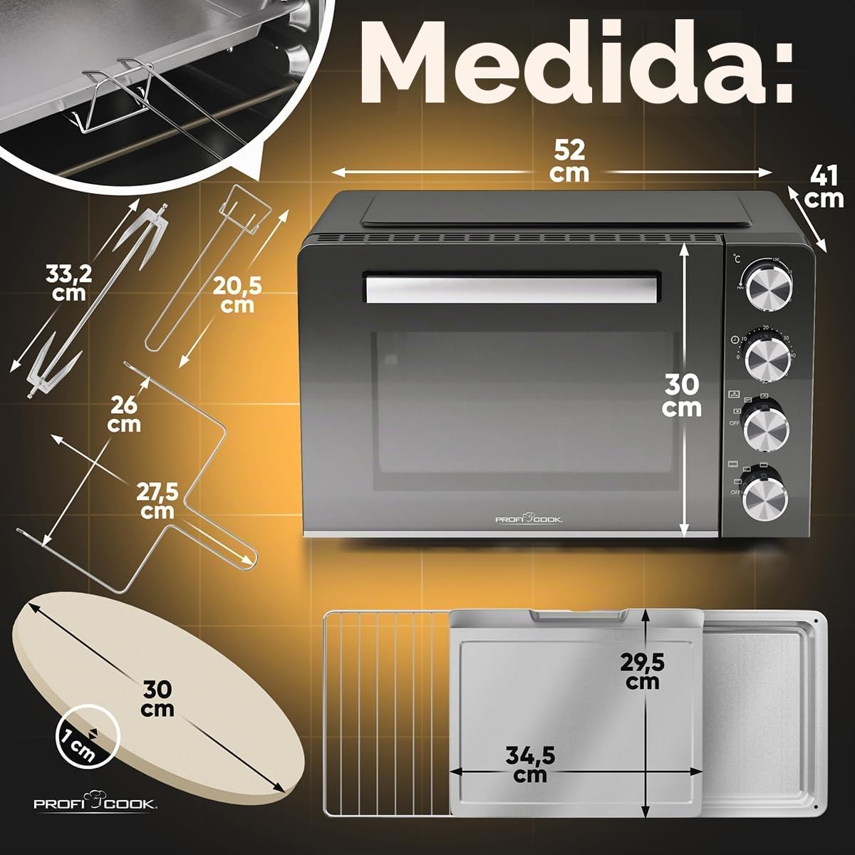 Mini horno ProfiCook 30L | Convección + calor arriba/abajo | Mini horno con asador y piedra para pizza | 100°C - 230°C | Mini horno con convección y temporizador | Horno pequeño 1500W | PC MBG 1277
